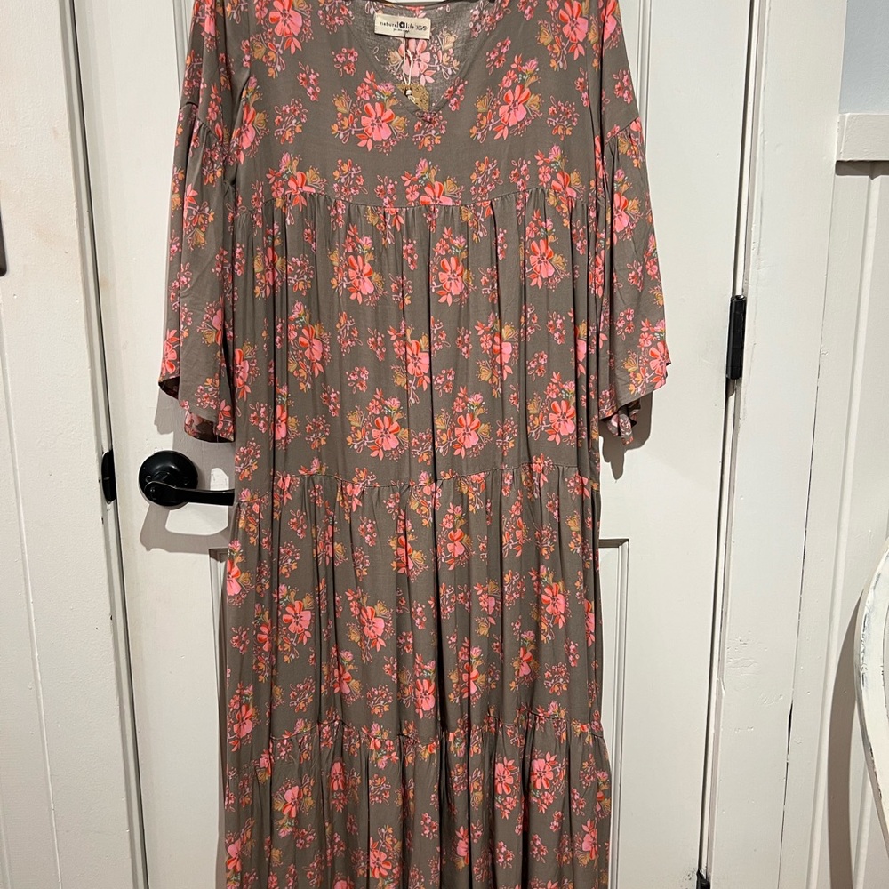 NATURAL LIFE Olive Maxi Dress with Pink Floral Print